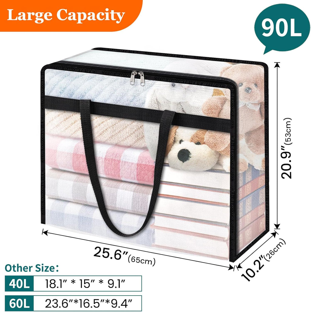 4 Pack Clear Storage Bags for Comforter, Clothes & Bedding, Plastic Blanket Storage with Zipper and Handle, Moving Bags, Closet Organizer and Under-Bed Storage (90L)