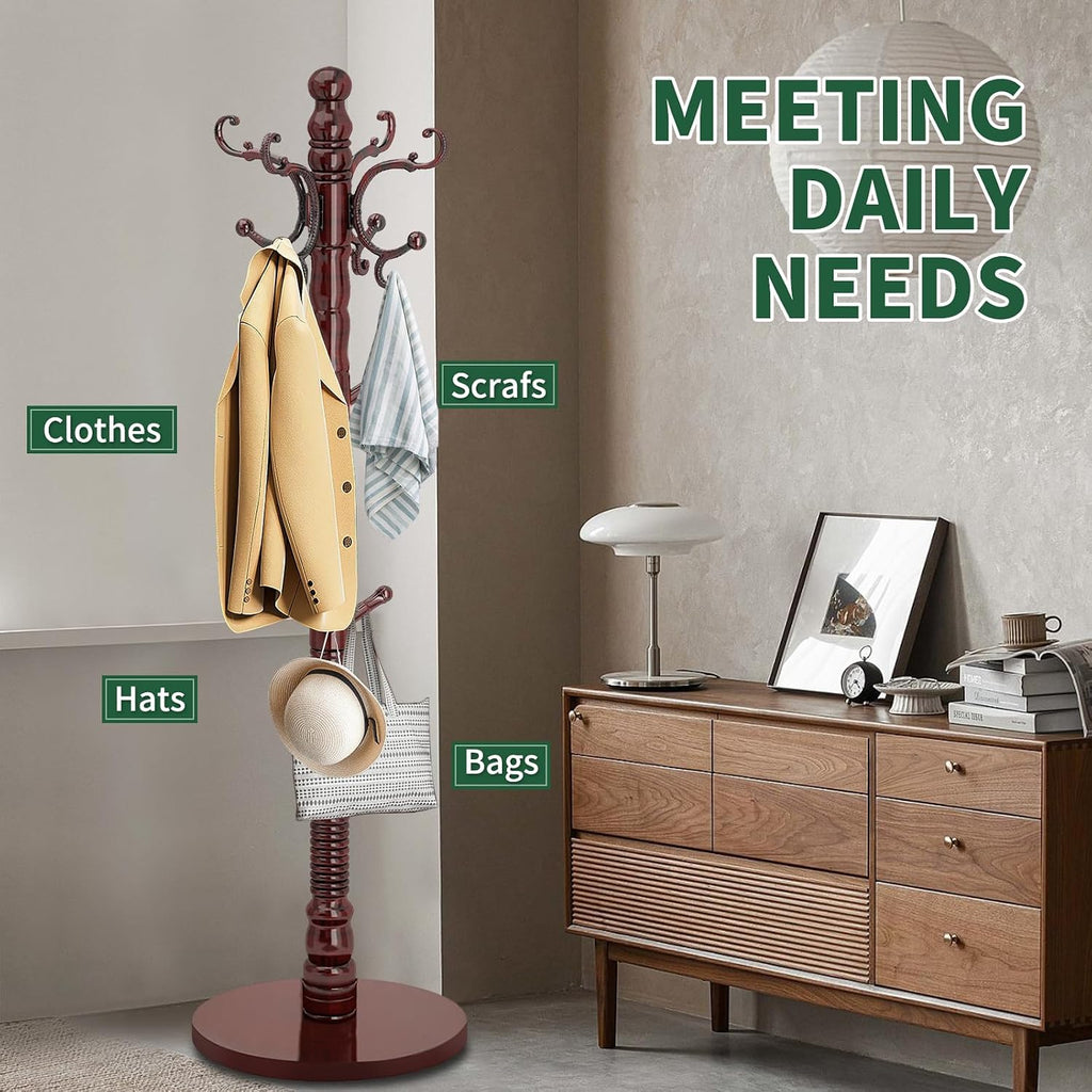OIRUMIE Wood Coat Rack Stand, Wooden Coat Rack Freestanding with Sturdy Round Base, Vintage Coat Racks with 14 Hooks, Natural Birch Wood Entryway Coat Tree Hanger Stand Easy to Assemble
