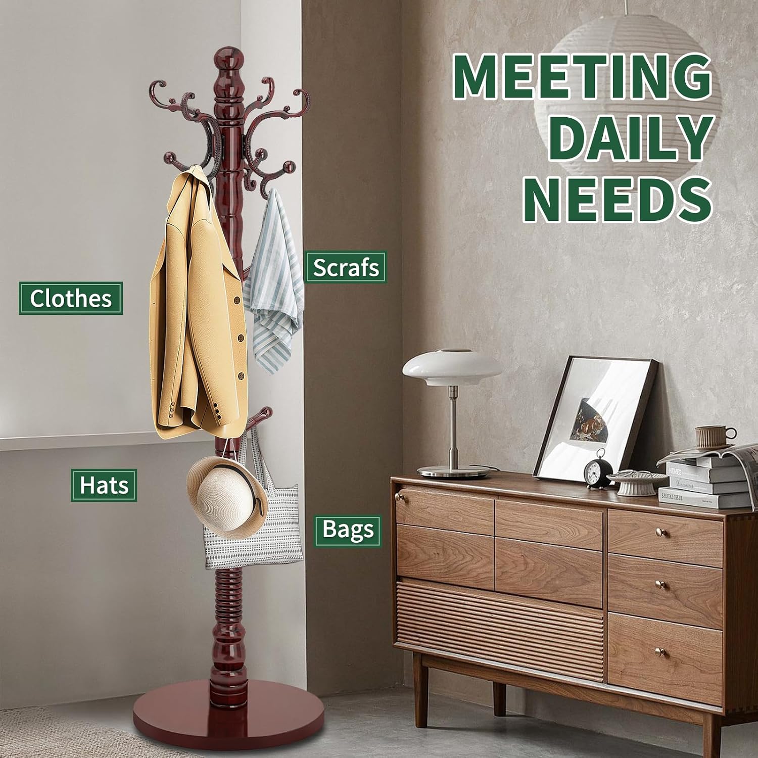 OIRUMIE Wood Coat Rack Stand, Wooden Coat Rack Freestanding with Sturdy Round Base, Vintage Coat Racks with 14 Hooks, Natural Birch Wood Entryway Coat Tree Hanger Stand Easy to Assemble