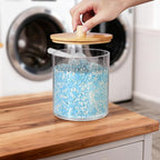SheeChung 2 Pack 50 Oz Large Apothecary Jar with Bamboo Lid, Laundry Pods Container, Storage Jars for Bathroom Organization, Plastic Canisters with Cute Stickers Spoons(Natural)