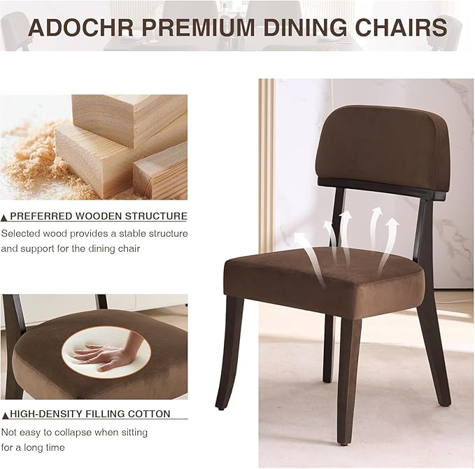 Modern Wood Dining Chairs Set of 4, Velvet Upholstered Kitchen Chairs with Open Curved Backrest & Black Hardwood Legs for Vanity, Living Room, 350 LBS Capacity, Brown