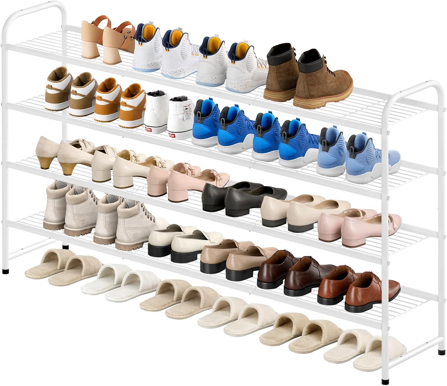 KEETDY 4-Tier Long Shoe Rack for Closet Floor, Wide Shoe Organizer Storage, Stackable Shoe Rack for Entryway Metal Shoe Shelf for 30 Pairs Men Sneakers with Wire Grid for Bedroom, White