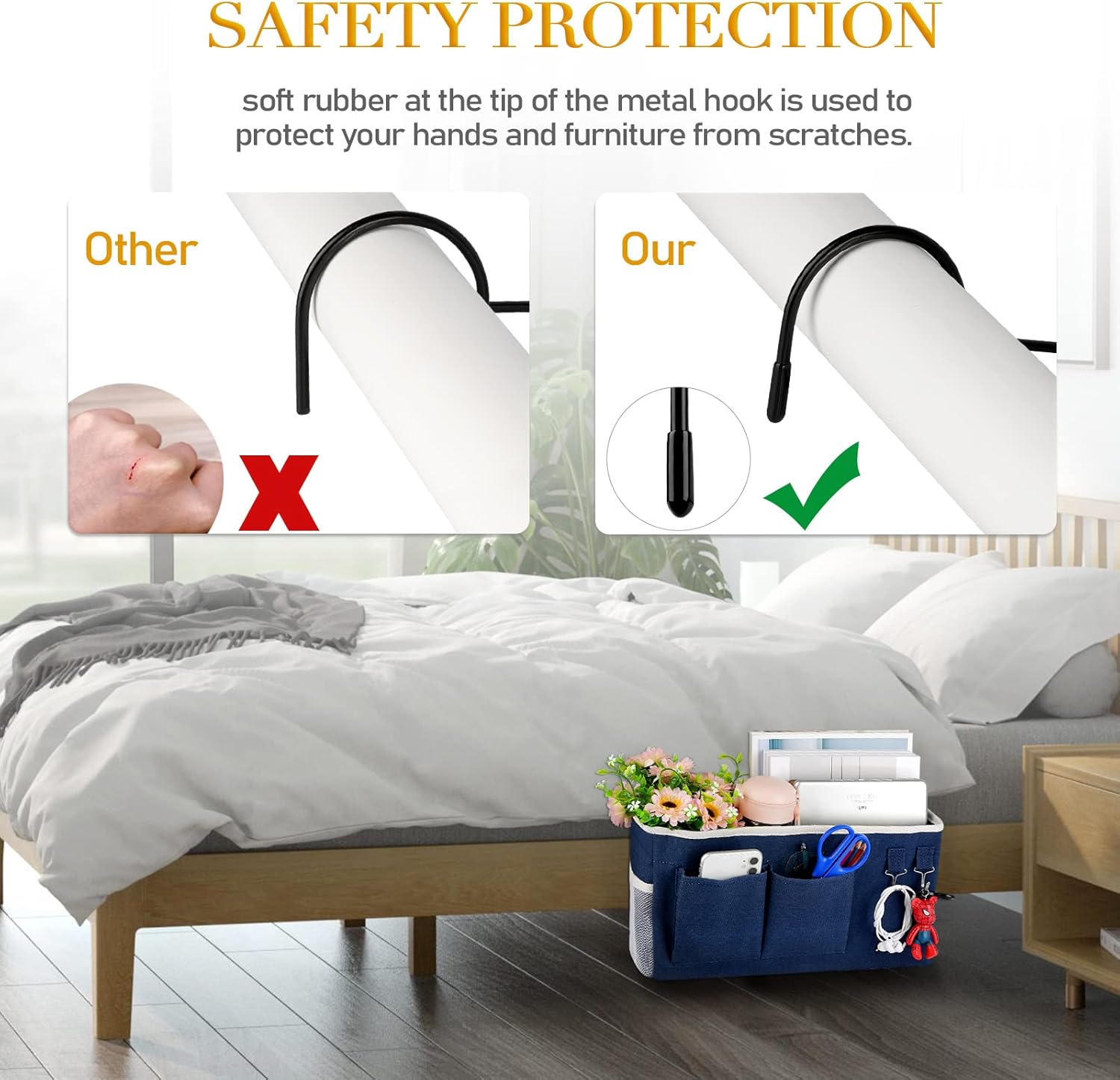 Bedside Storage Caddy/Bedside Hanging Storage Bag for Headboards Bunk Beds Dorm Rooms Book Phone Magazine Holder (2PC Navy Blue)