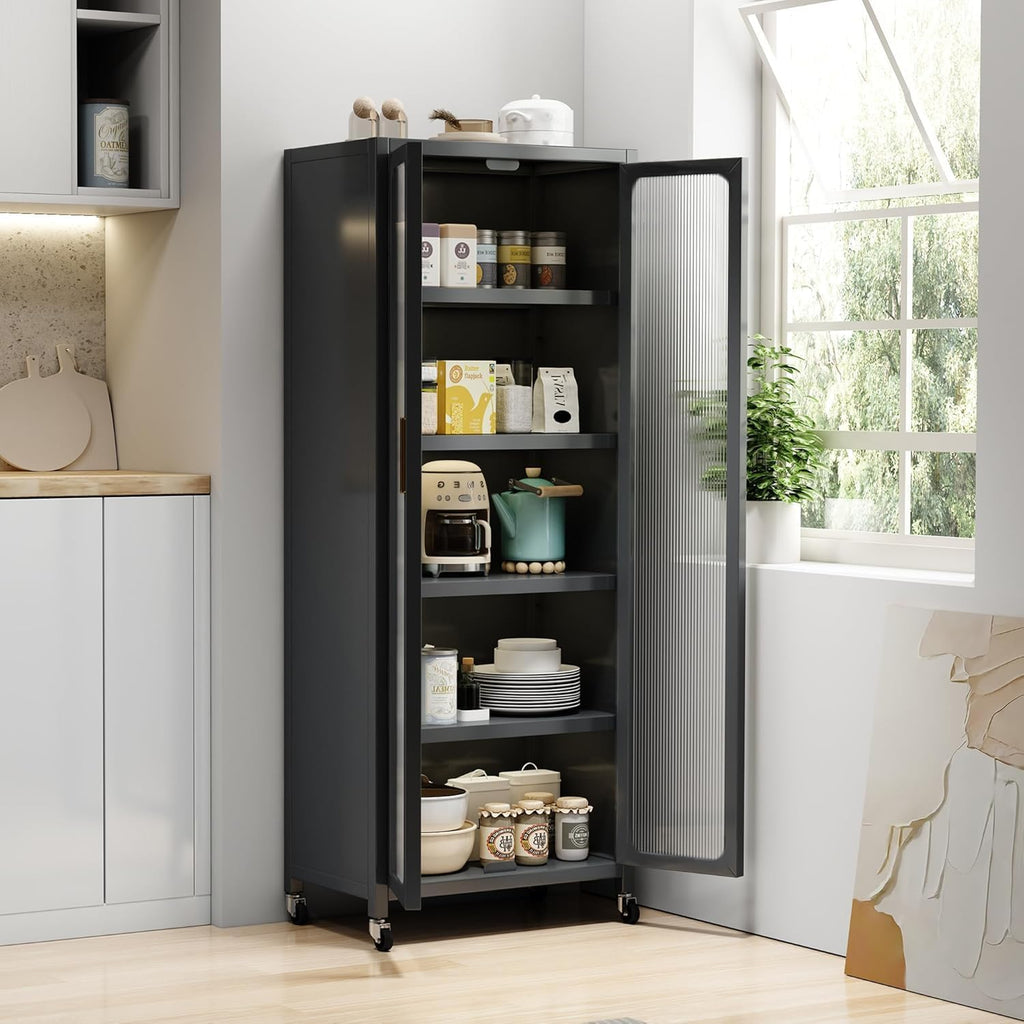 6 Tier 63" Kitchen Appliance Storage,Appliance Cabinet,Bakers Rack with Doors with Transparent Flap Door Design Kitchen Storage Shelves,Microwave Stand for Dining Room Black