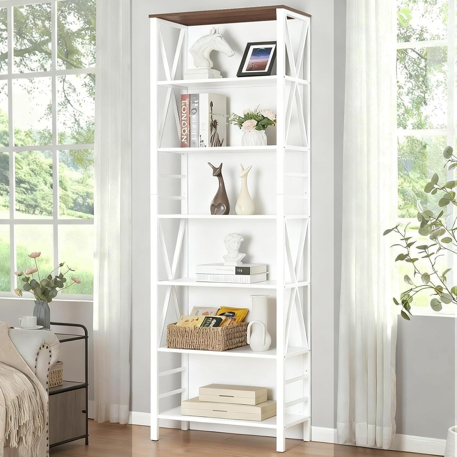 HOMISSUE Bookshelf, 7-Tier Bookshelf, Rustic Wood Metal Bookshelves and Bookcases, Freestanding Open Bookshelf, Industrial Tall Bookcase for Home Office, Living Room and Bedroom, White