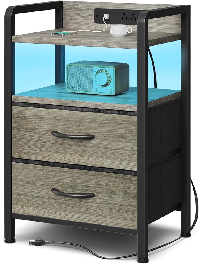 Night Stand Bedside Charger Bedroom - Grey Nightstand with Charging Station &...