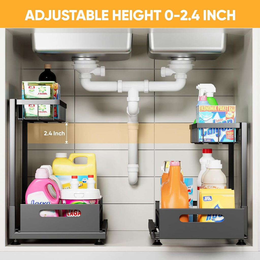 2 Pack Under Sink Organizer Storage 2-Tier Premium Metal Pull-Out Racks, Height Adjustable, Easy Installation | Kitchen & Bathroom Organizers