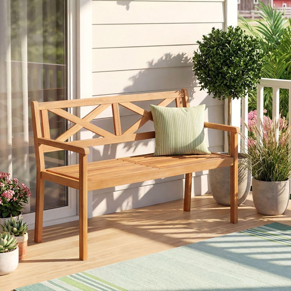 2-Person Acacia Wood Patio Chair Armrests Backrest 44in Seat Width 800lb Capa...