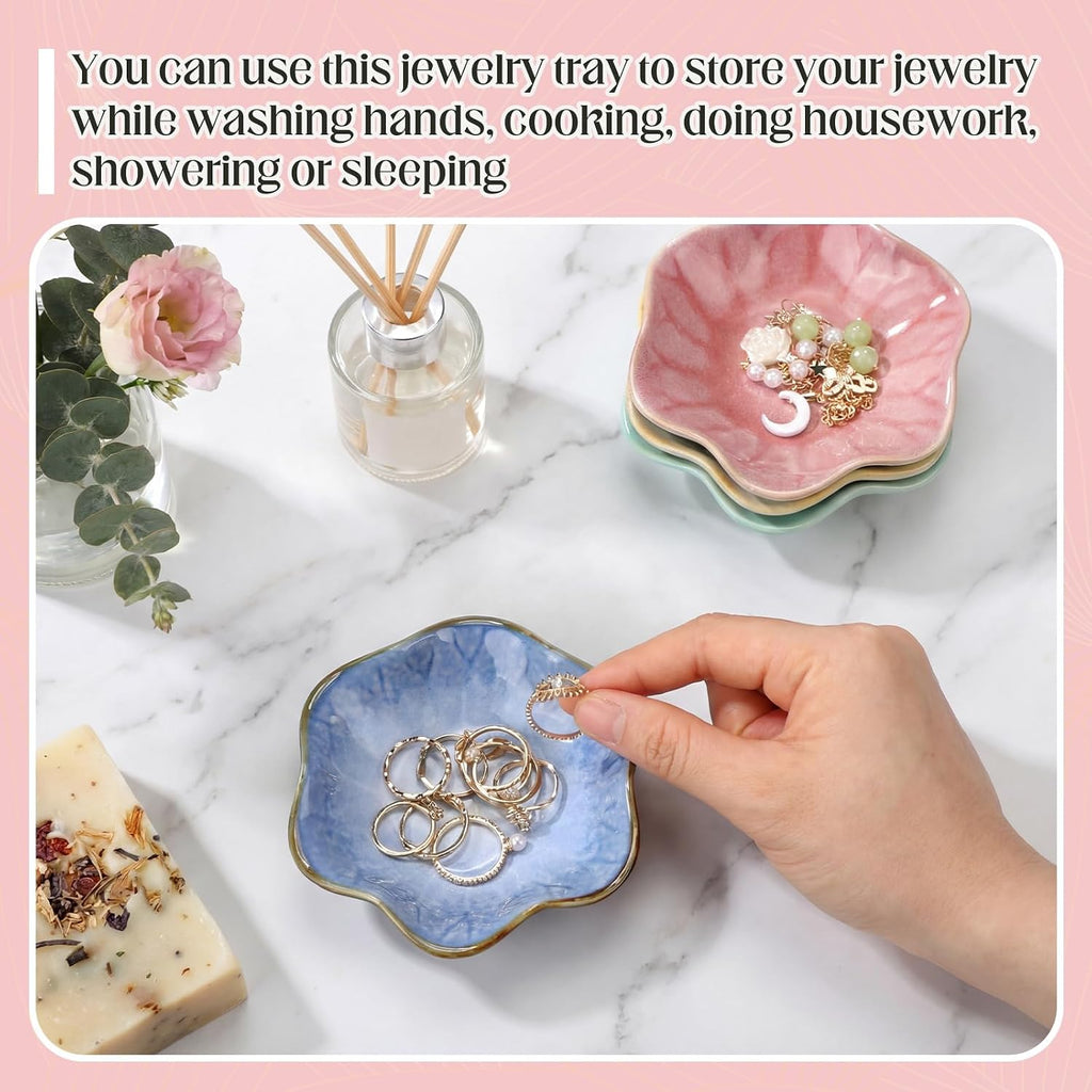 4 Pack Small Jewelry Dish Ceramic Trinket Holder Tray for Rings Earrings Key Bowl Women Mother's Day Wedding Gift (Pink,Blue,Cyan,Green)