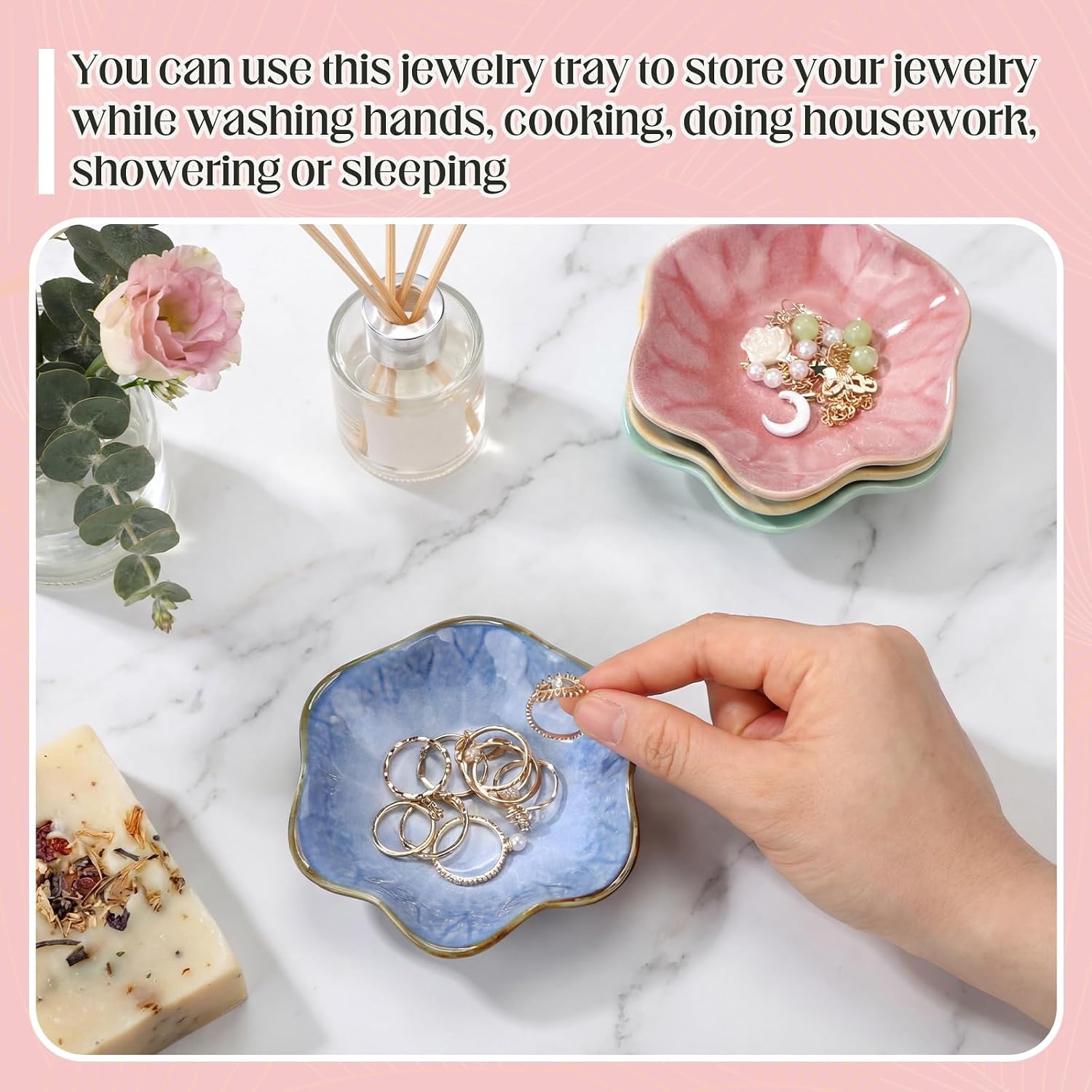 4 Pack Small Jewelry Dish Ceramic Trinket Holder Tray for Rings Earrings Key Bowl Women Mother's Day Wedding Gift (Pink,Blue,Cyan,Green)