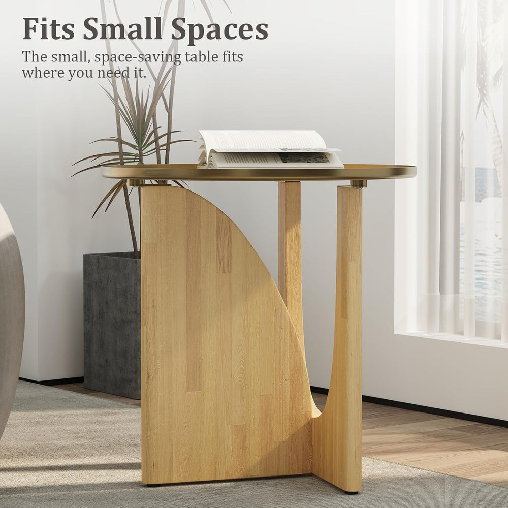 ACEDÉCOR Round Side Table, Solid Wood End Table with Brushed Gold Metal Tray ...