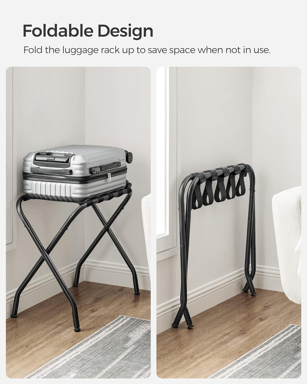 SONGMICS Luggage Rack, Pack of 2, Luggage Racks for Guest Room, Suitcase Stand, Steel Frame, Foldable, for Bedroom, Black URLR64B-2