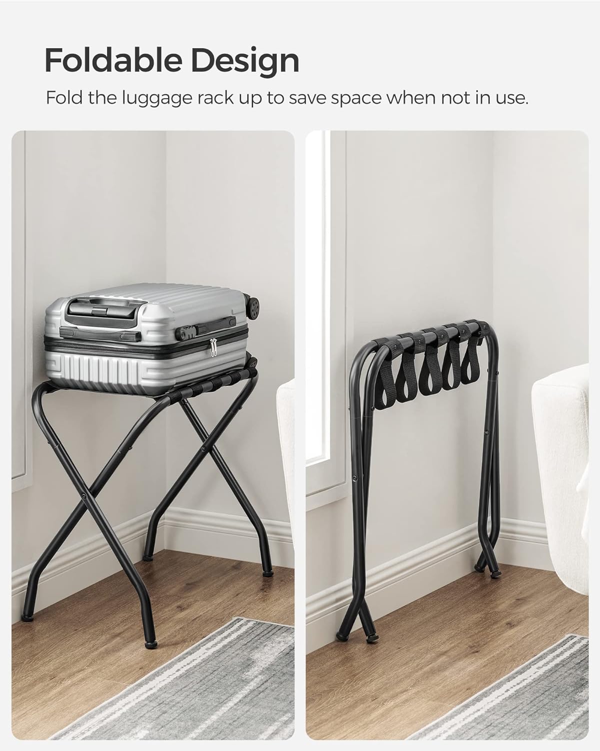 SONGMICS Luggage Rack, Pack of 2, Luggage Racks for Guest Room, Suitcase Stand, Steel Frame, Foldable, for Bedroom, Black URLR64B-2