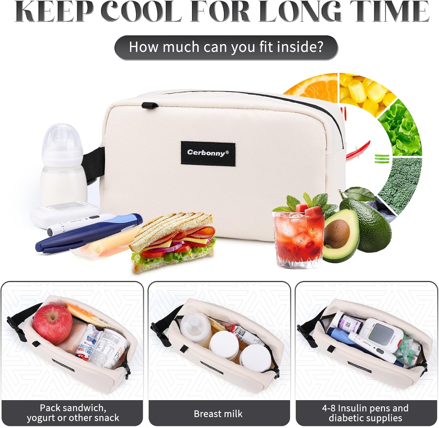 Cerbonny Mini Cooler Bag, Freezable Lunch Bag & Snack Bag, Insulated Bag for Travel/Work/School, Small Cooler Lunch Box with Detachable Gel Packs, Beige, 180 Cubic Inches