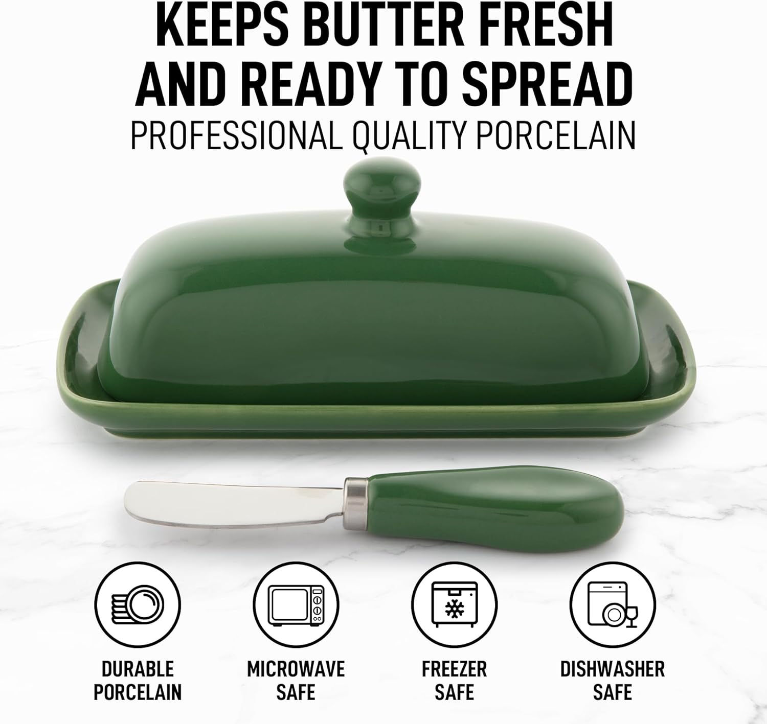 Zulay Butter Dish With Lid For Countertop - Porcelain White, Ceramic Butter Dish with Knob Handle Great for Cooking - Elegant Design Butter Holder - Durable & Sturdy Butter Keeper - Jade