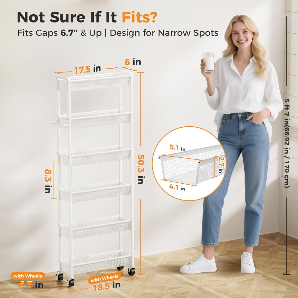 6 Tier Slim Storage Cart with Wheels, 6" D Rolling Storage Cart for Small Space, Metal Narrow Spice Cabinet Mobile Shelving Unit Organizer with Handle for Kitchen, Laundry - White