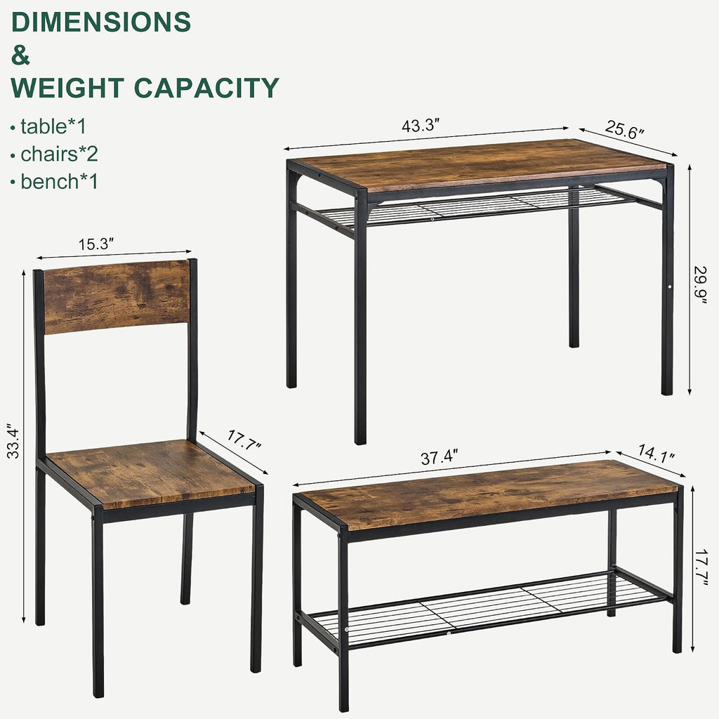 VECELO Kitchen Dining Room Table with 2 Chairs & Bench, Compact Space-Saving Design, Easy Assembly Steel Frame, Perfect for Small Apartments & Breakfast Nooks，Dark Brown