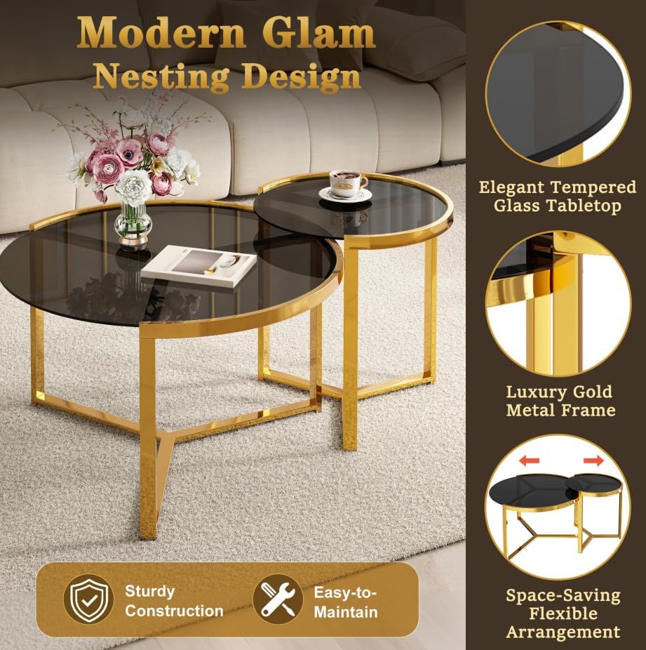 31.5" Gold Round Nesting Coffee Table Set of 2, Modern Tempered Glass Co...