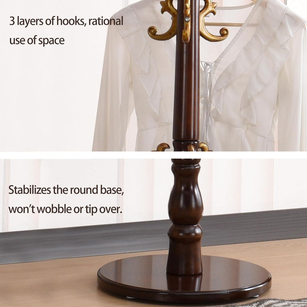 Coat Rack Freestanding, Wooden Coat Tree with Stable Round Base, Vintage Heav...