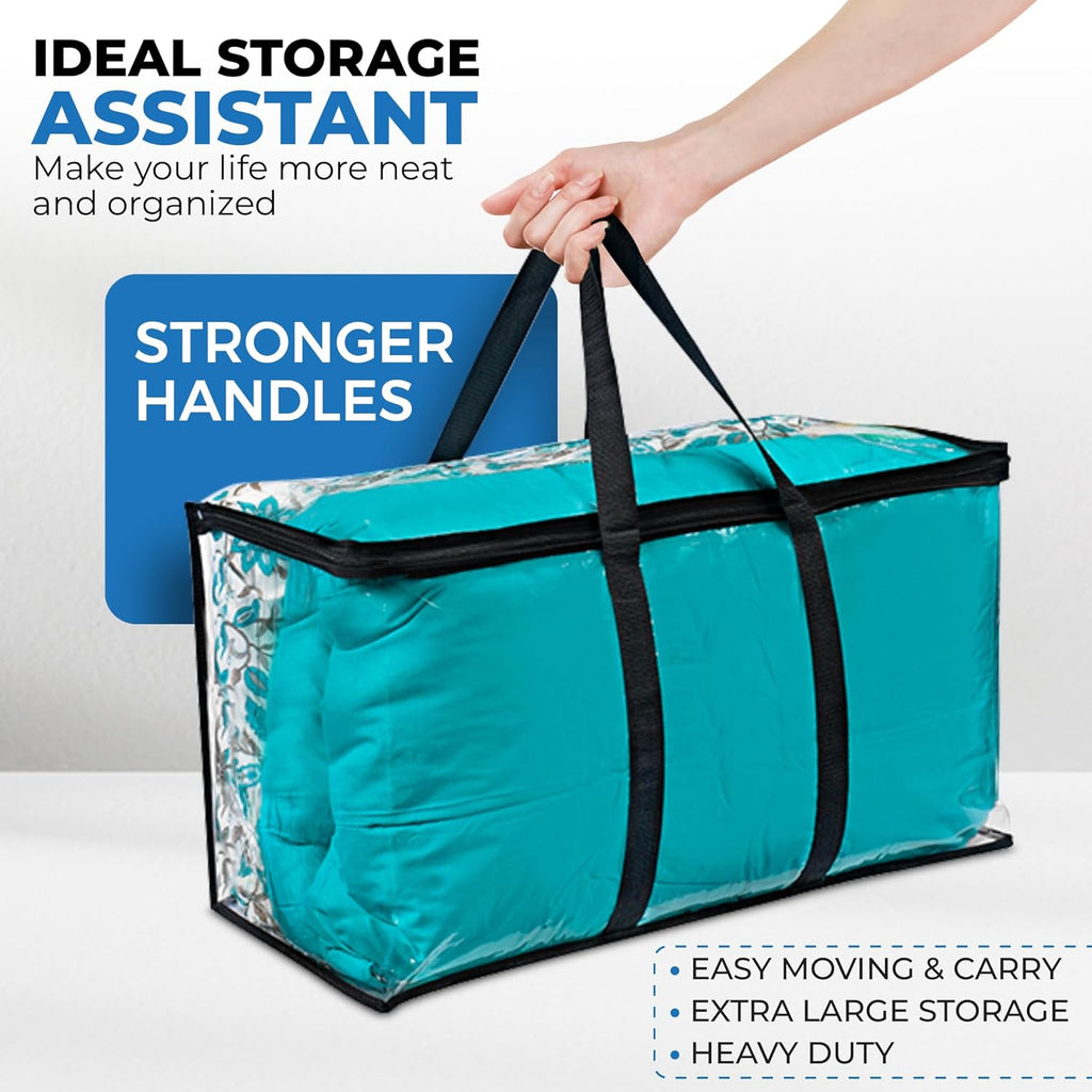 2 Pack Clear Large Moving Bags, Heavy Duty Storage Bags, College Totes, Storage Bins, for Organizing Blankets, Clothing for College, Dorm, Packing, Durable with Zipper and Handle 25x14x12