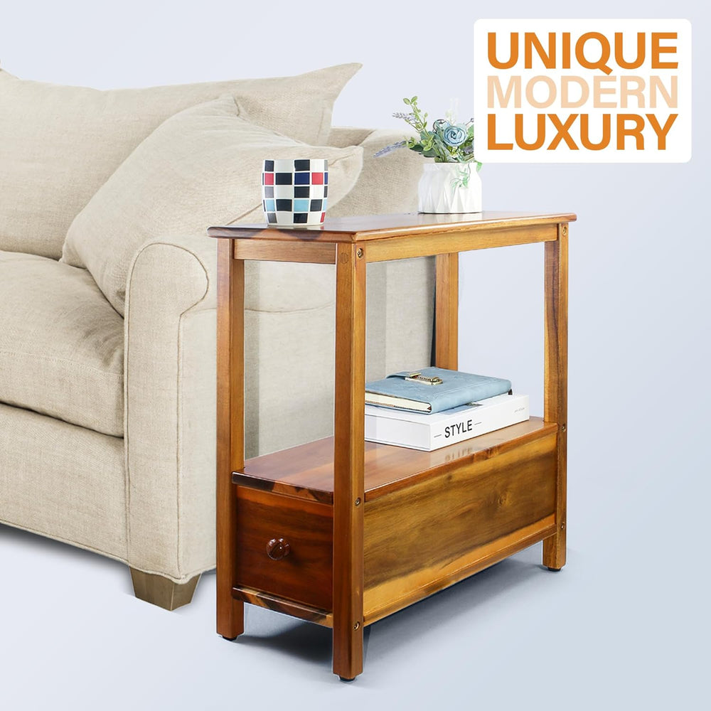 ENKEZI Narrow End Table with Drawer and Shelf – Slim Side Table for Small Spa...