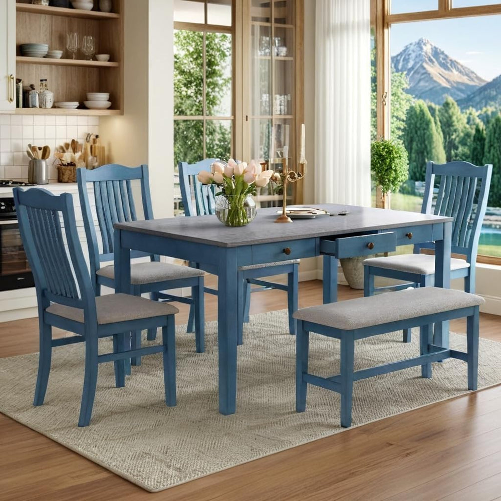 LUMISOL 6-Piece Dining Table Set with Bench, Farmhouse Solid Wood Kitchen Tab...