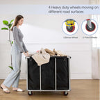 Laundry Cart Commercial Black,11.35 Bushel Large Industrial Rolling Laundry Hamper with 4 Inch Wheels,Household Heavy Duty Laundry Baskets with Stainless Steel Frame, 260 LBS Weight Capacity