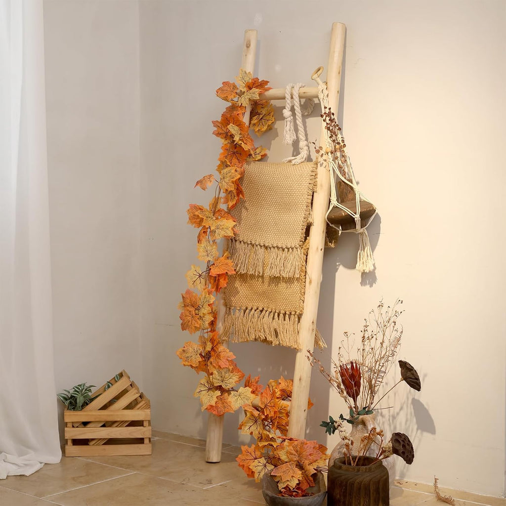 Blanket Ladder, 57in Rustic Solid Wood Decorative Ladder, Natural | Farmhouse living room accent, Layered blanket towel quilt display, Visible wood grain, Bathroom and Bedroom use
