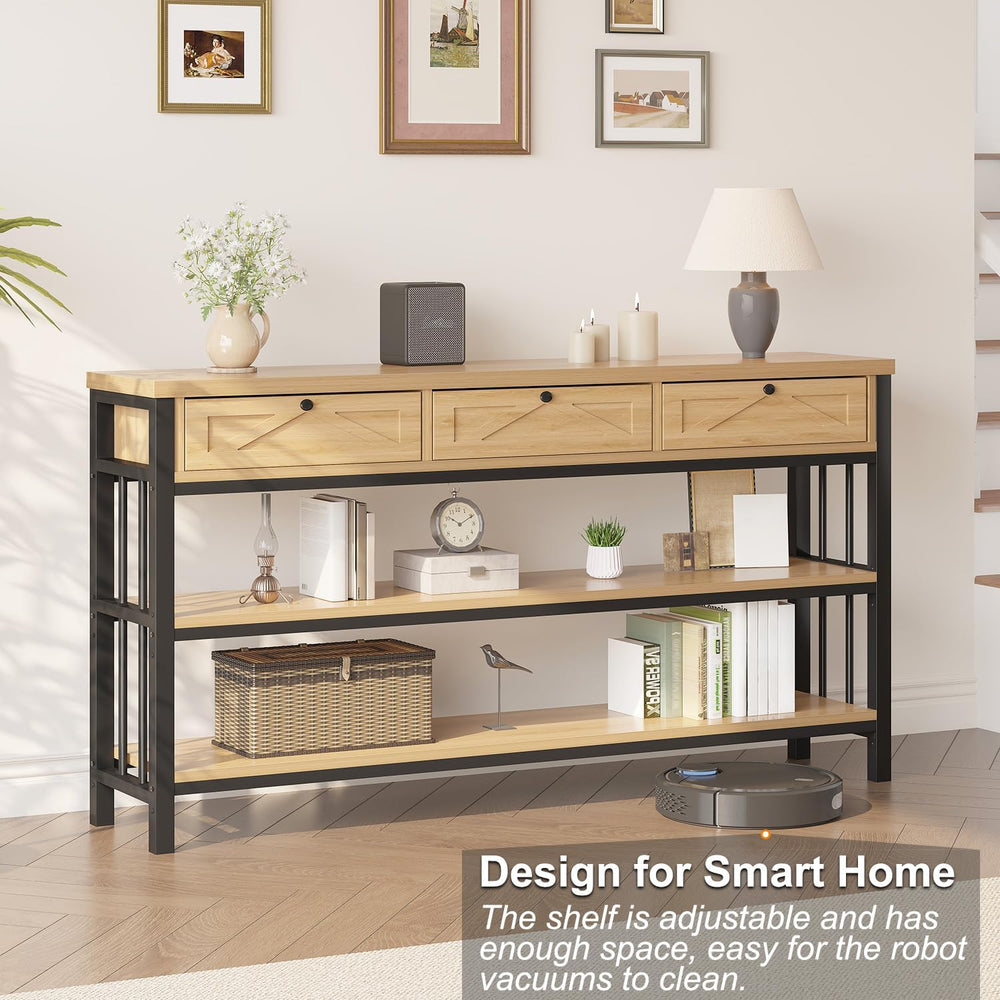 HSH Sofa Table with Storage, 55” Wood Entryway Table with 3 Drawers, 3 Tier C...