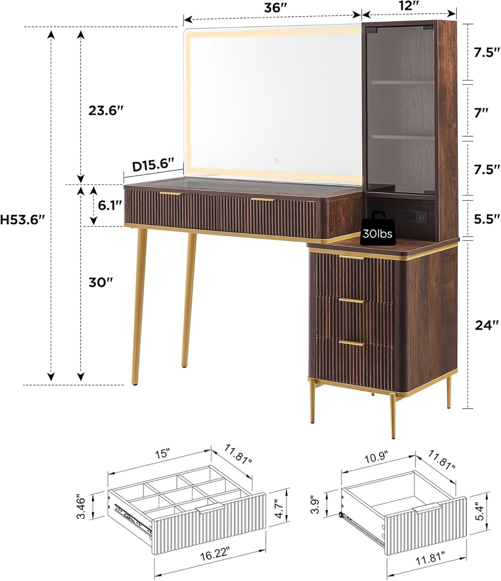 T4TREAM Fluted Makeup Vanity Desk with 36" HD Lighted Mirror, 48" B...