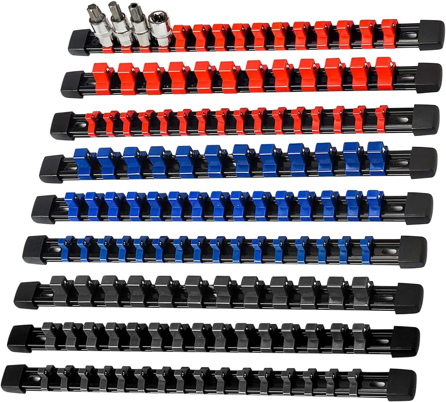 AMM 9-Piece Socket Organizer, 1/2 inch, 3/8 inch and 1/4 inch Drive ABS Tools-Socket Holder,Heavy Duty Socket Racks, Premium Quality Socket Clip Rail Holder,The best tool trays in the garage