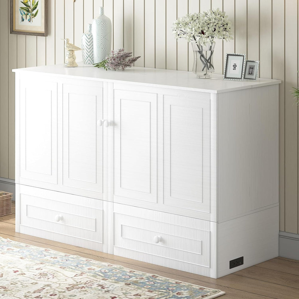 Mjkone Murphy Cabinet Bed Queen Size White No Mattress | with Tri-Folding Mat...