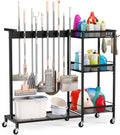 Broom Holder with Cleaning Supplies Organizer, Cleaning Utility Cart on Wheels, 10 Clips & 7 Hooks, 3-Tier Shelves, Broom Closet Storage Cabinet with Cleaning Caddy for Home Commercial Use