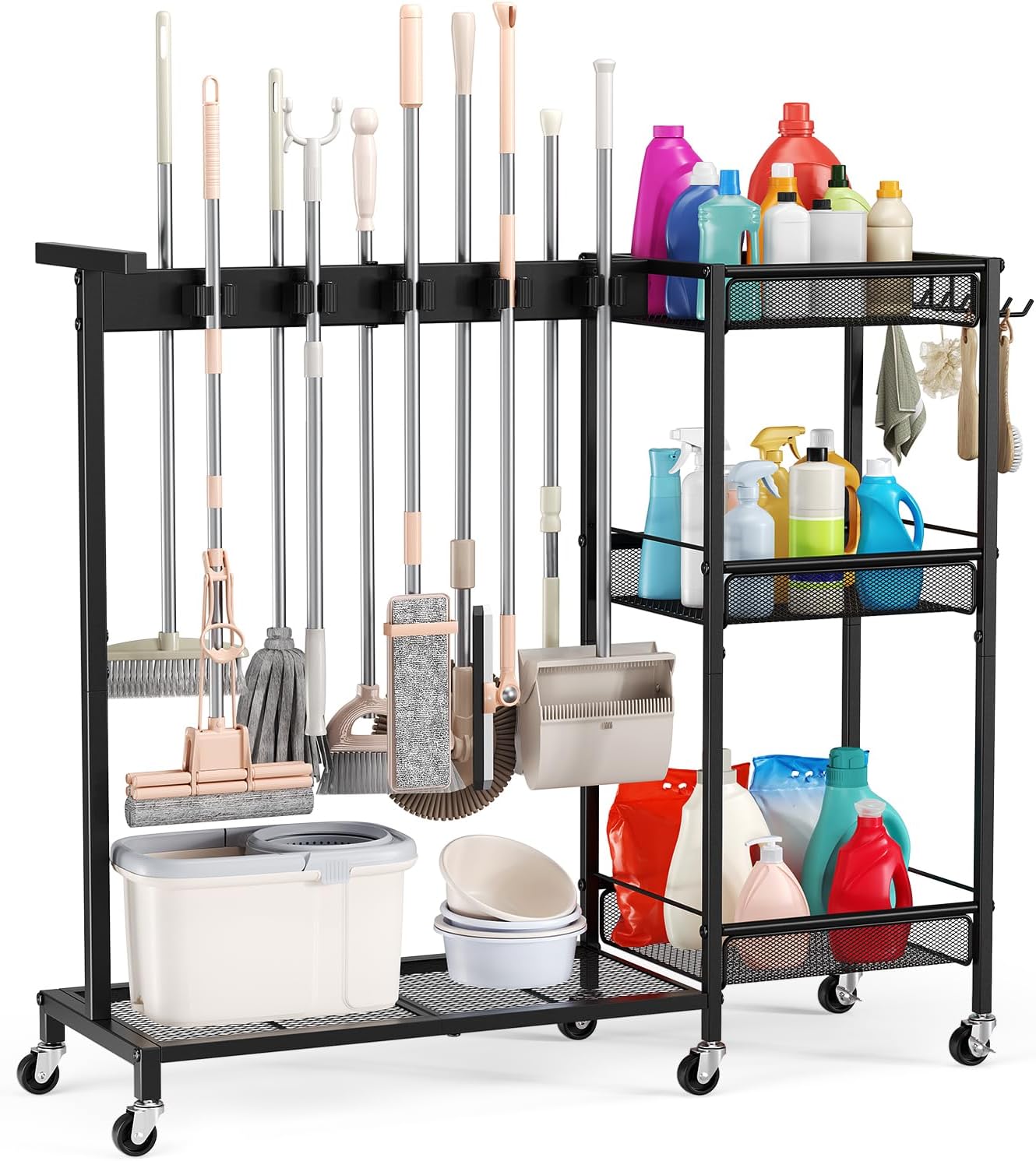 Broom Holder with Cleaning Supplies Organizer, Cleaning Utility Cart on Wheels, 10 Clips & 7 Hooks, 3-Tier Shelves, Broom Closet Storage Cabinet with Cleaning Caddy for Home Commercial Use