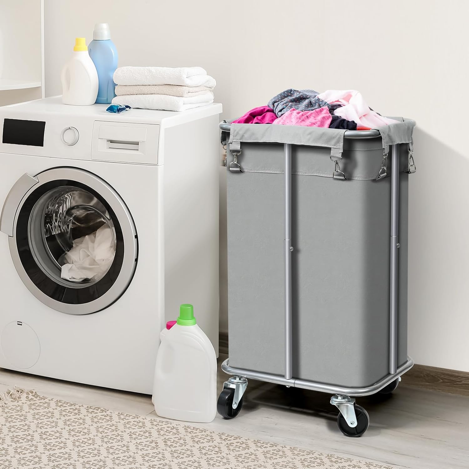 Laundry Basket with Wheels, Rolling Laundry Hamper with Removable Bag, 100L Laundry Sorter Cart, Tall Narrow Slim Clothes Hamper Organizer with Sturdy Metal Frame, Grey