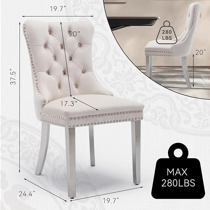 Velvet Upholstered Dining Chairs Set of 8, Modern Style Kitchen Side Chairs with Nailhead Trim and Silver Plated Leg, Metal Pulling Ring for Dining Room Living Room(Creamy White)