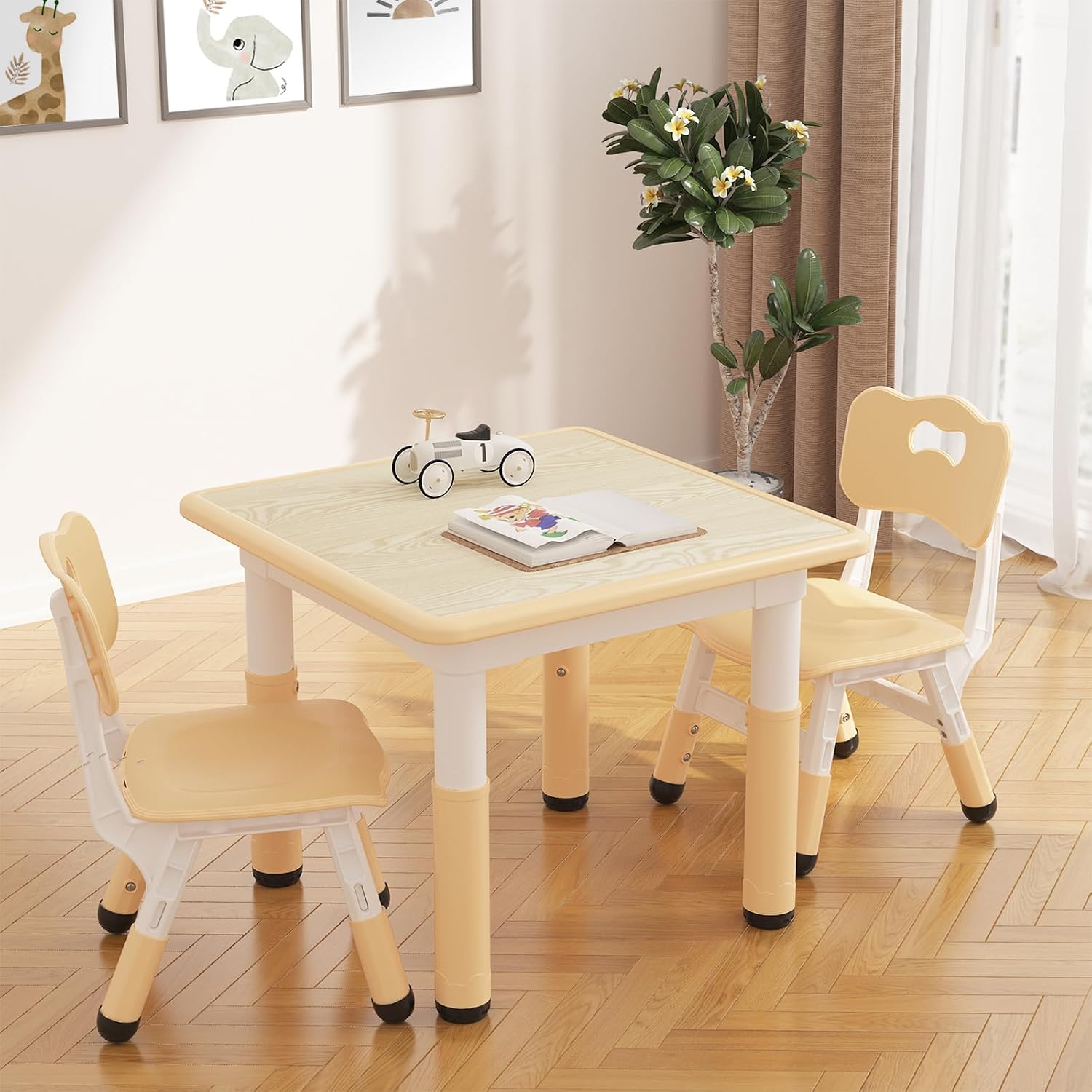 GAOMON Kids Table and 2 Chairs Set with Graffiti Desktop, Height Adjustable Toddler Table and Chairs Set for Reading, Drawing, Playing, Eating