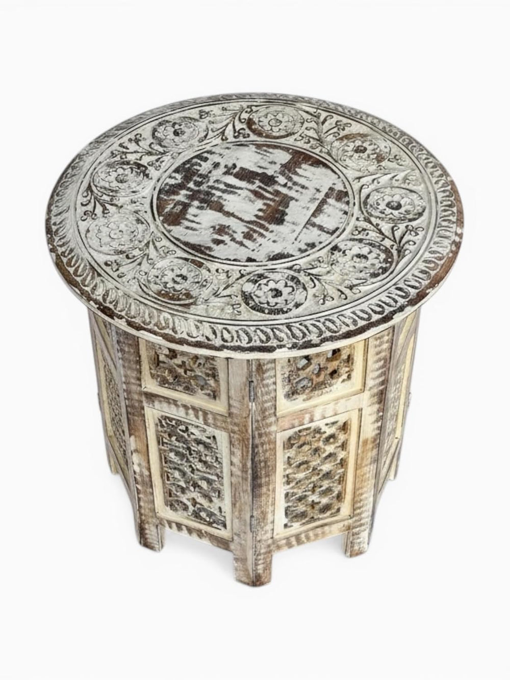 Handcrafted Round Wooden Side Table with Carved Floral Top, White Washed Fini...