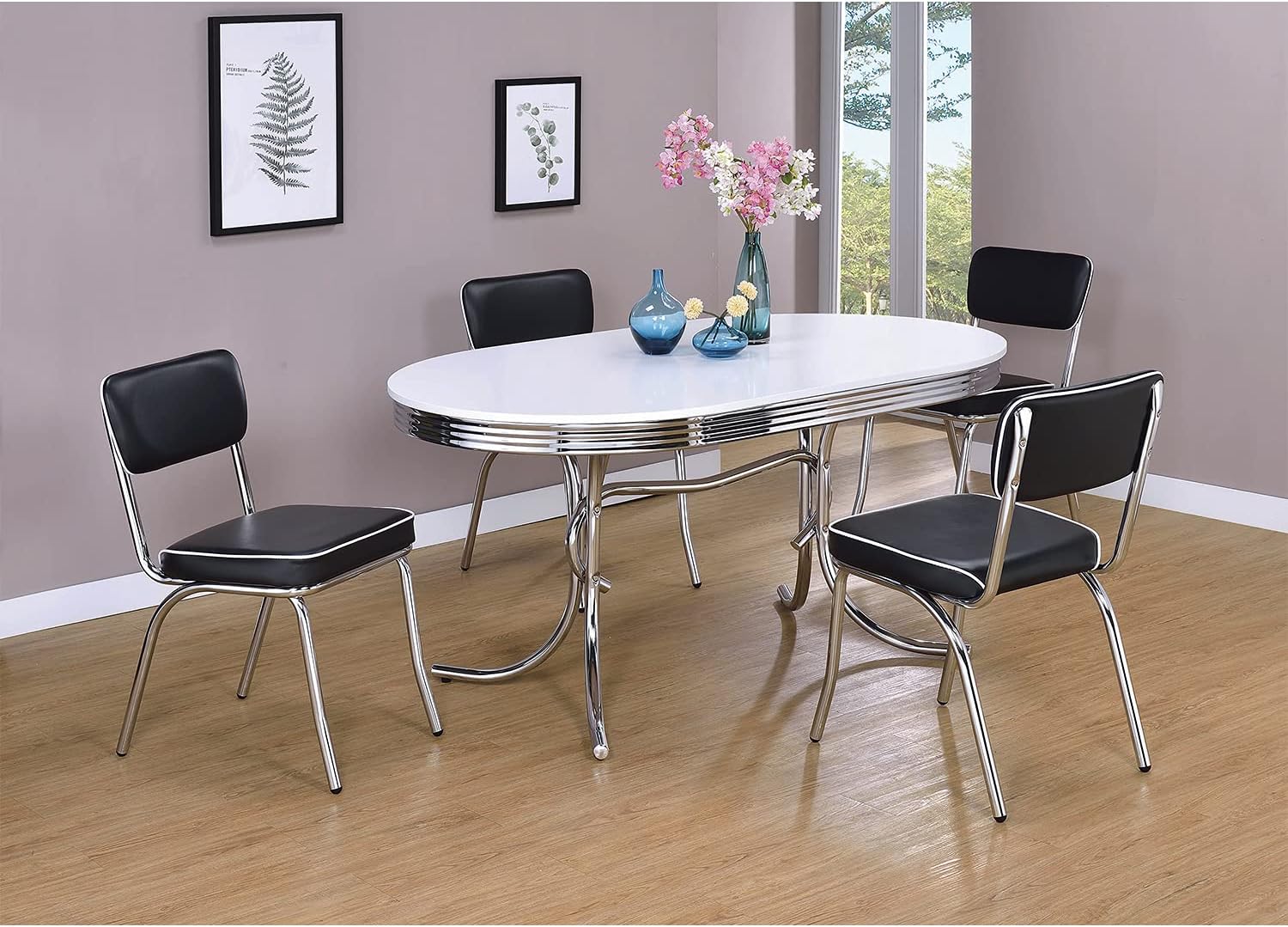 Coaster Home Furnishings Retro Set of 2 Open Back Dining Side Chairs Faux Leather Upholstered Back and Padded Seat Cushion Sturdy Steel Frame Black and Chrome 2066