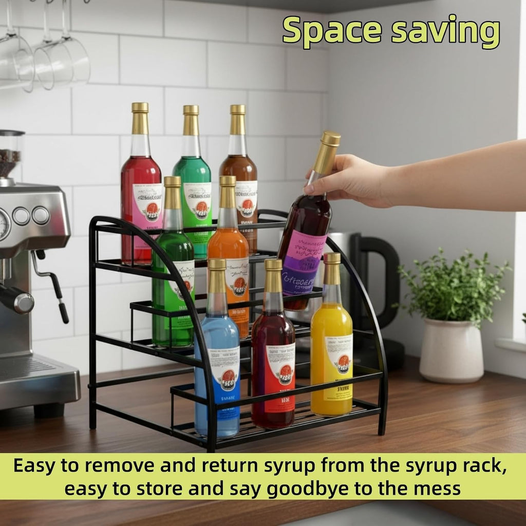 Cididu Coffee Syrup Organizer Rack, 9-12 Bottles Syrup Stand Holder for Countertop, 3 Tier Metal Small Wine Rack, Bottle Storage Shelves for Coffee Bar Station, Kitchen, Spice, Soda, Dressing