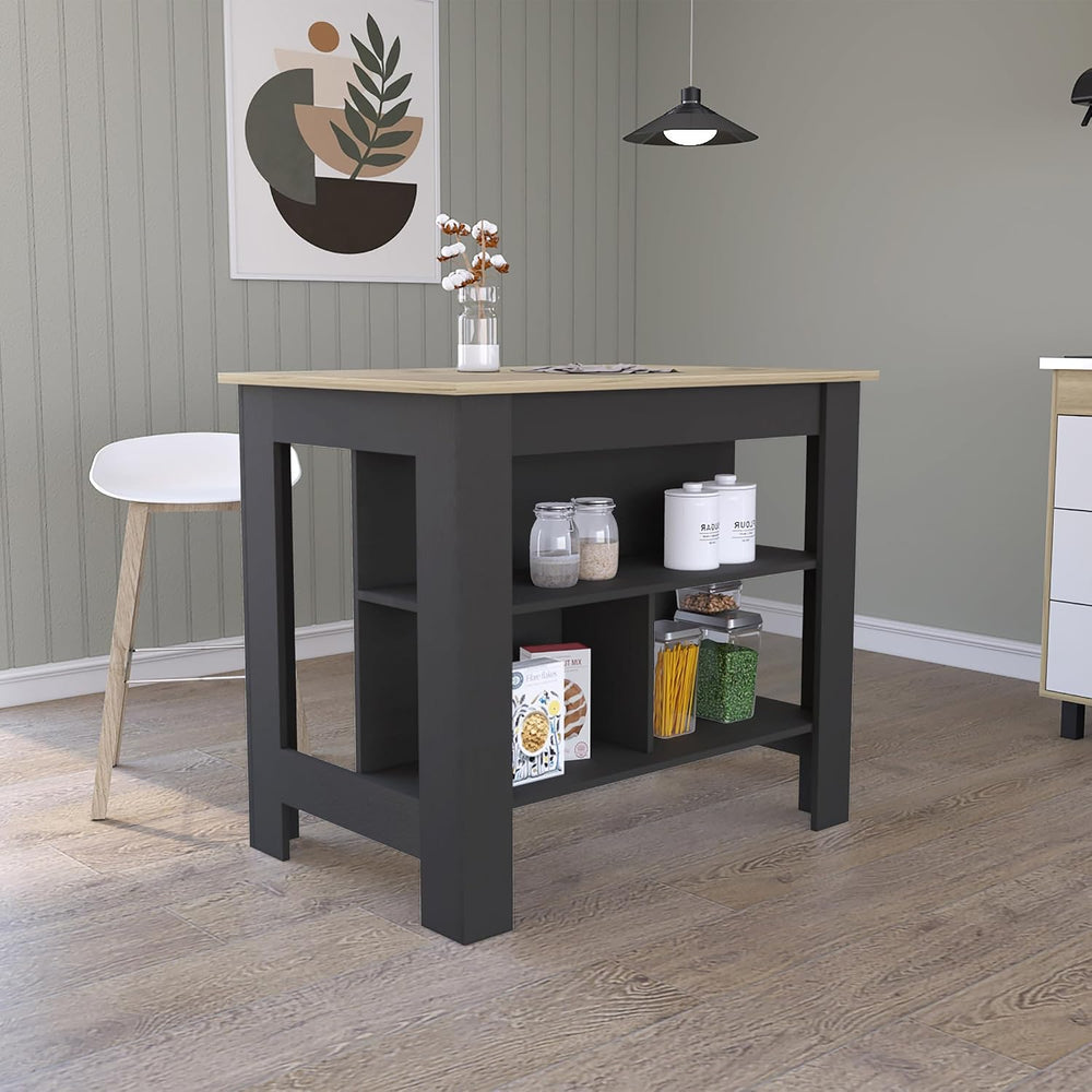 Kitchen Island with Four Legs and Three Shelves - Black/Light Oak | Three she...