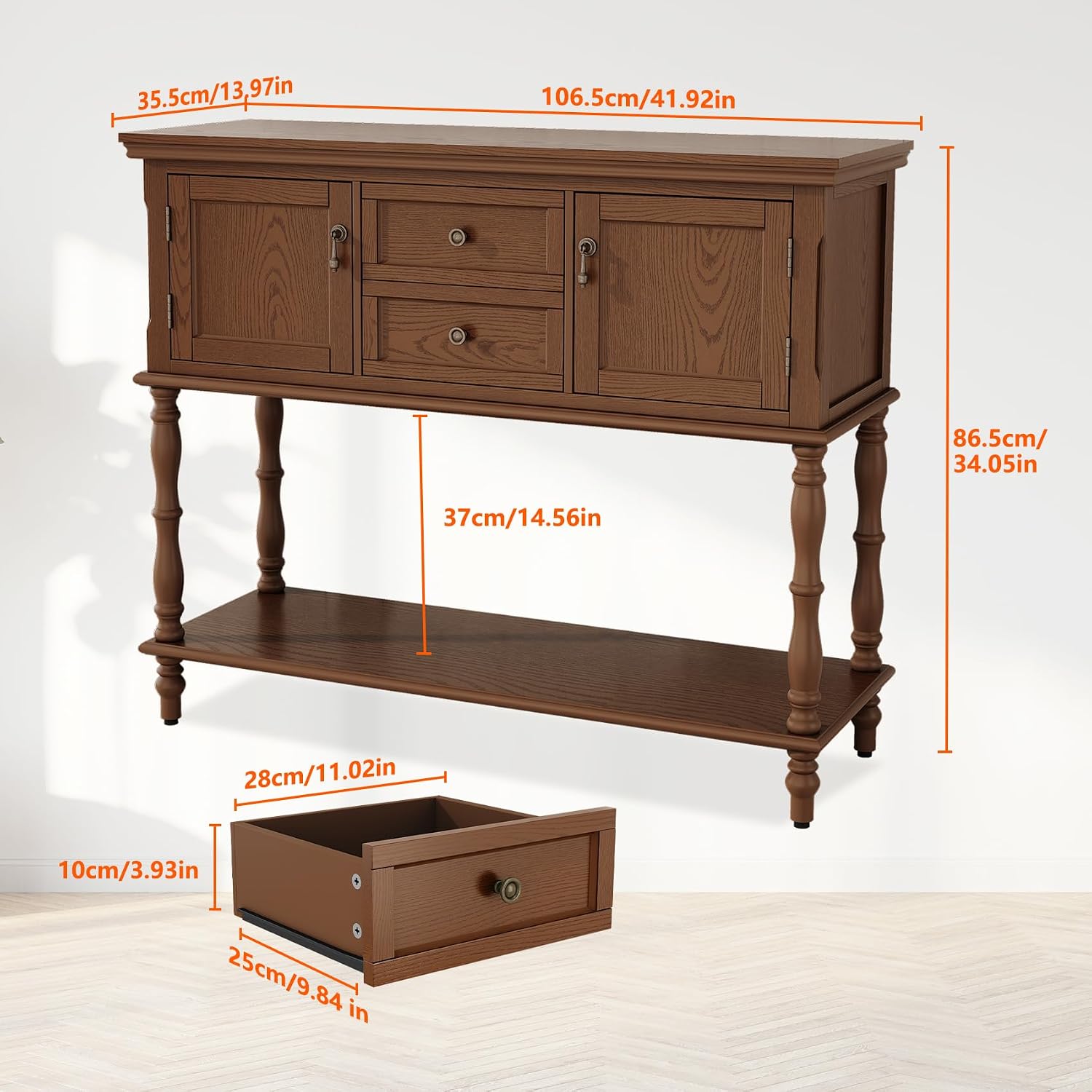 ARTPOWER Console Table with 2 Drawers, Retro Entryway Table with 2 Door | Solid Wood Veneer Entry Table, Behind Couch Sofa Table with Open Storage Shelf for Living Room, Foyer, Hallway