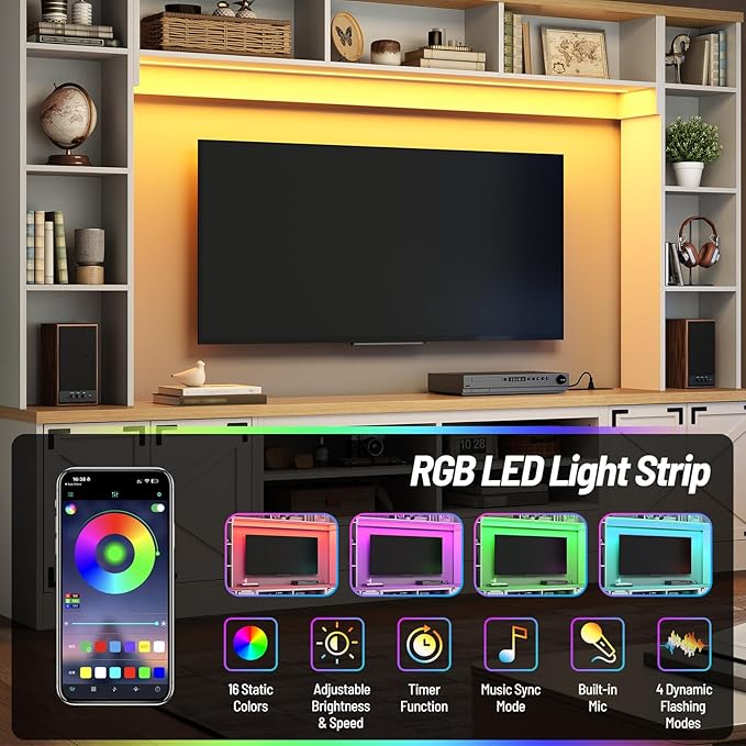 94.5" Wall Unit Entertainment Center with Doors, Farmhouse TV Stand with Bookshelves, Storage Cabinet, Fits TVs up to 78", Large Media Console with LED Light and Power Outlet, for Living Room