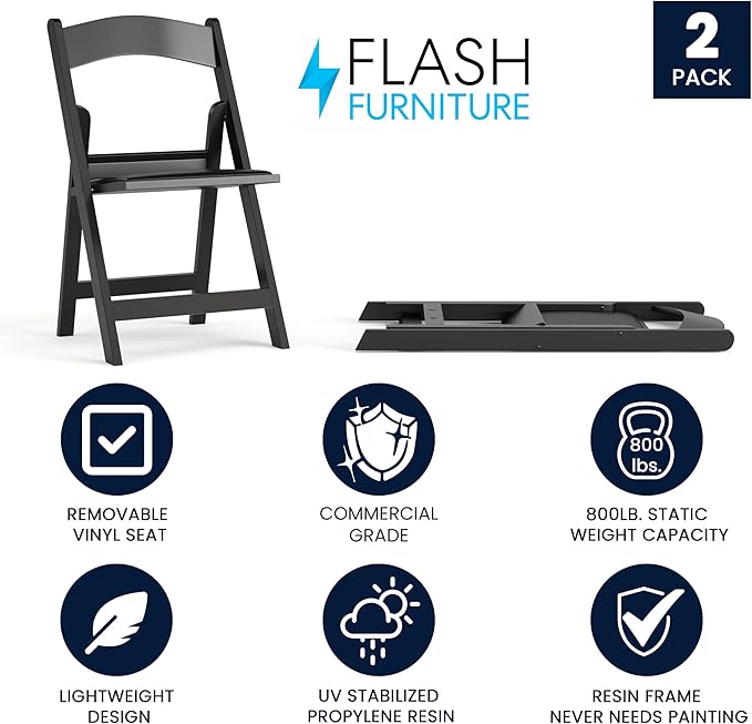 Flash Furniture Hercules Series Folding Chair - Black Resin - 2 Pack 800LB We...