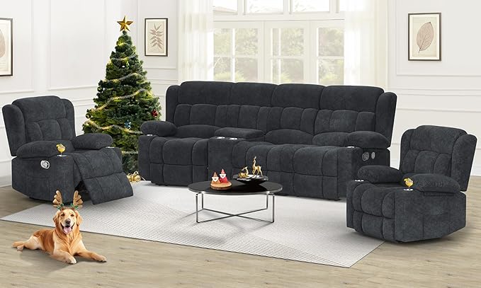 Recliner Sofa Set with Storage Console, Flip Middle Backrest Design 3 Seater Reclining Sofa and 2PC Single Recliner Chair, Manual Couches for Living Room (Gray, 3 Seat+Console+1+1)