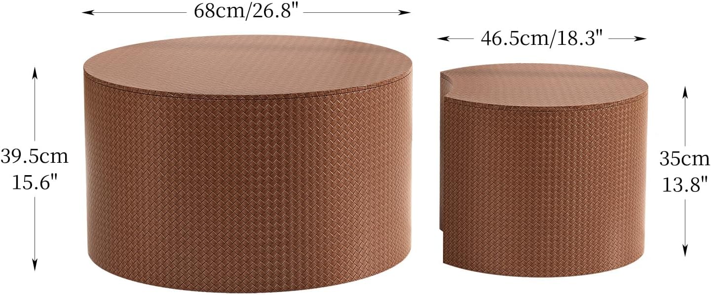 Round Coffee Table Set of 2 Modern Nesting Coffee Tables Drum Coffee Tables with Non-Slip Feet, Circle Nesting Tables End Table for Living Room Office, No Assembly (Brown 26.8"+18.3")