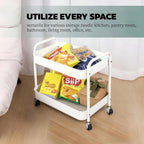 Under Desk Storage Cart 2 Tier Utility Rolling Cart with Wheels, Small Metal Mobile Trolley with Handle Two Tiered Utility Organizer Roller for Kitchen Office Bathroom Pantry Room, White