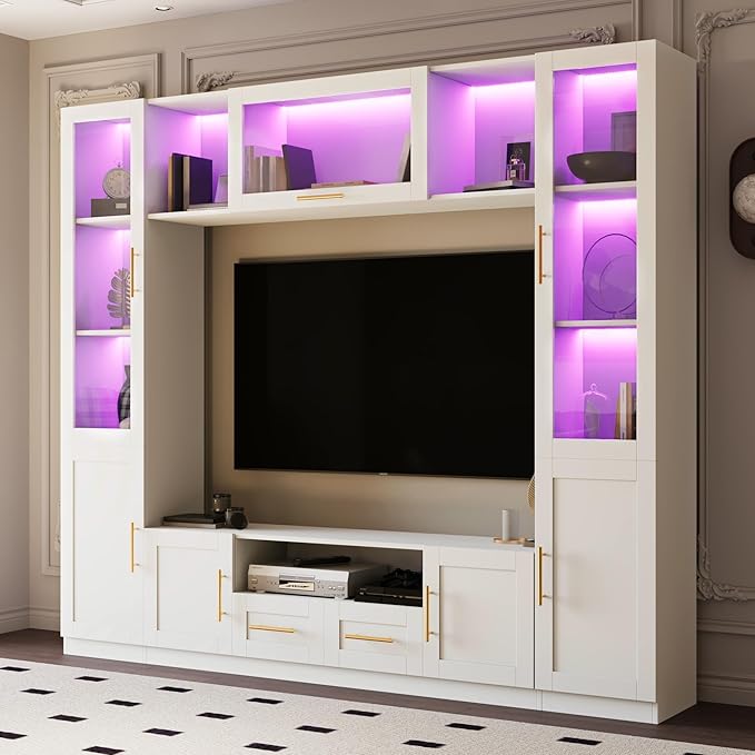 4-Piece Wall Unit TV Stand for TVs Up to 70", Modern Entertainment TV Wall Unit with Shelves, Large Wall Media Center for Living Room, White