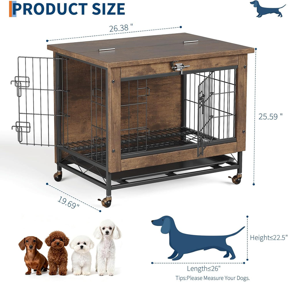 Rustic Brown Wooden Dog Crate End Table with Dual Doors & Lockable Wheels...