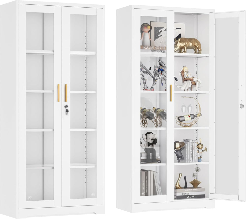 UNICOLY Lockable Display Cabinet with Glass Doors and 4 Adjustable Shelves